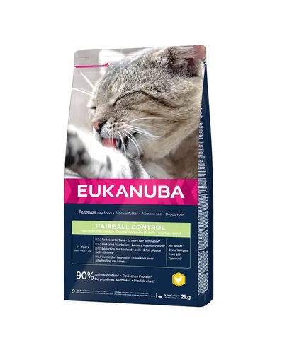 EUKANUBA Cat Hairball Control Adult All Breeds Chicken & Liver Hrana uscata pentru pisici adulte, impotriva formarii ghemelor de blana 2 kg