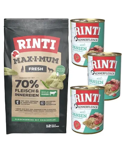 RINTI MAX-I-MUM Rumen hrana caine adult 12 kg + Kennerfleisch Rumen hrana umeda 3x400 g