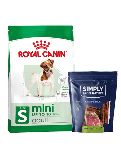 ROYAL CANIN Mini Adult 8kg hrana uscata pentru caini adulti, rase mici + SIMPLY FROM NATURE Sticks vita pentru caini, 3 buc