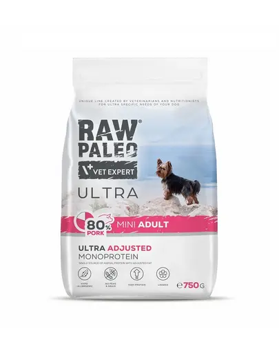 RAW PALEO Ultra Pork Mini Adult 750g hrana caine adult rasa mica, cu porc