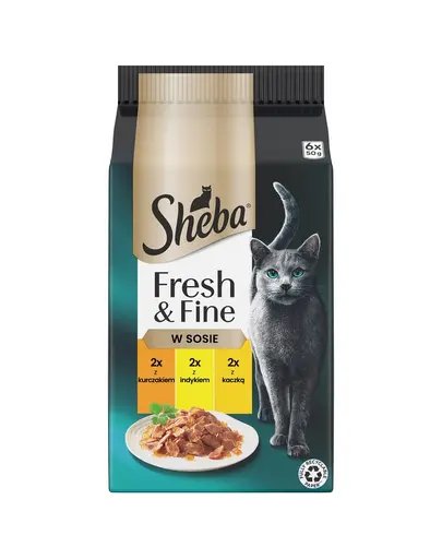 SHEBA Fresh & Fine pliculet 6x50 g hrana umeda pisici in sos cu pui, curcan, rata