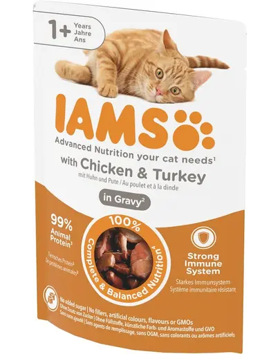 IAMS Cat Adult All Breeds Chicken & Turkey In Gravy Hrana umeda pentru pisici adulte, cu pui si curcan 85 g
