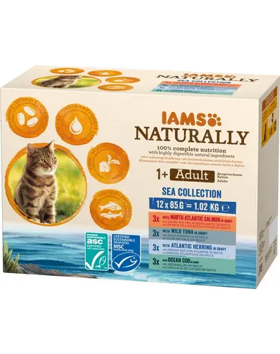IAMS Naturally Hrana umeda peste pentru pisici adulte set 12x85g