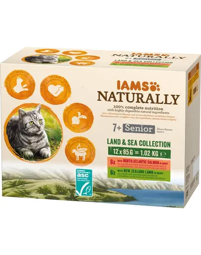 IAMS Naturally Senior Cat Land &amp; sea collection Hrana umeda pentru pisici senior, mix de arome de carne si peste 12 x 85 g