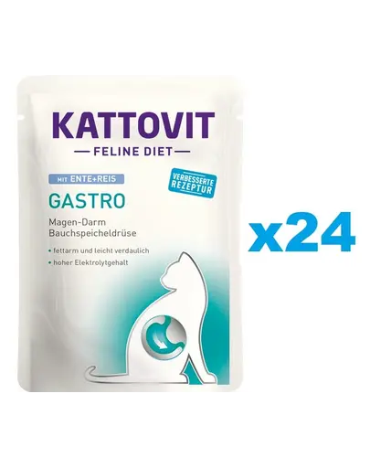 KATTOVIT Feline Diet Gastro hrana umeda dietetica pentru pisici cu afectiuni gastrointestinale, rata si orez  24 x 85 g