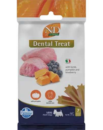 FARMINA N&amp;D Pumpkin Dental Treat Lamb Blueberry Mini 60 g recompensa dentara caini de talie mica, cu miel