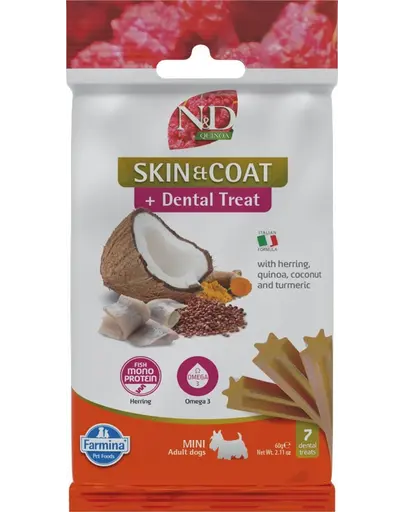 FARMINA N&D Quinoa Dental Treat Skin Coat Herring Mini 60 g gustare dentara cu hering, pentru caini talie mica