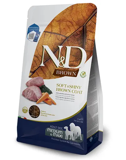 FARMINA N&amp;D Brown Dog Adult Medium Maxi Lamb, Spirulina, Carrot 2 kg Mancare uscata caine adult, cu bana maro
