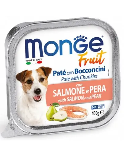 MONGE Fruit Dog hrana umeda pentru caini sub forma de pate, cu somon si pere 100 g