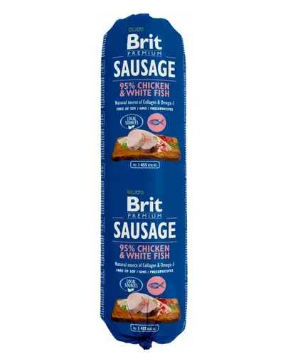 BRIT Sausage Chicken & White Fish 800 g hrana caini, pui si peste alb