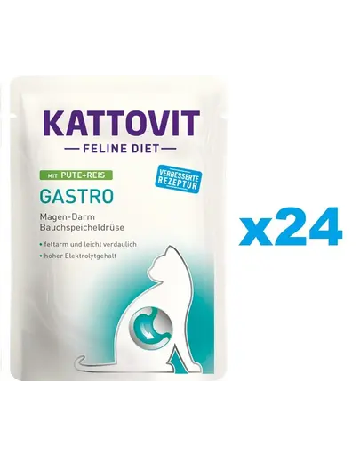 KATTOVIT Feline Diet Gastro hrana umeda dietetica pentru pisici cu afectiuni gastrointestinale, curcan si orez 24 x 85 g