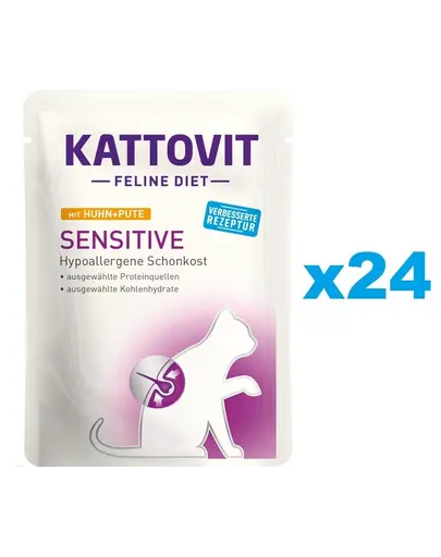 KATTOVIT Feline Diet Sensitive hrana umeda dietetica pentru pisici cu alergii alimentare, pui si curcan 24 x 85 g