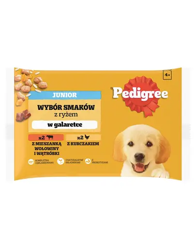 PEDIGREE Junior Choice of Flavours 4x100 g hrana umeda catei, cu vita si ficat si orez, cu pui si orez, in aspic