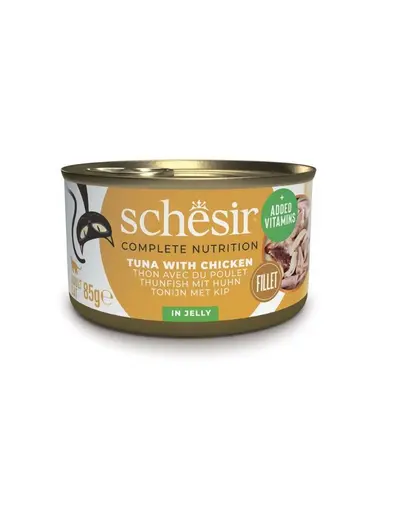 SCHESIR Conserva pentru pisica, Ton cu fileuri de pui in aspic 85 g