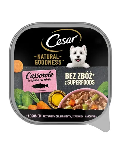 CESAR Natural Goodness hrana umeda in sos pentru caine 100 g cu somon imbogatit cu ulei de peste, spanac si morcovi