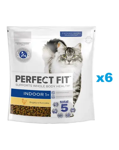 PERFECT FIT Indoor 1+ 6x750 g Pachet hrana uscata pisici interior, cu pui
