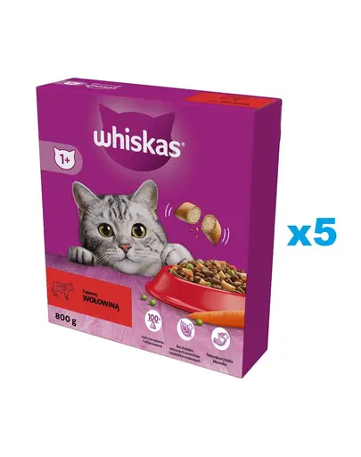 WHISKAS Adult 5x800 g hrana uscata pentru pisici adulte cu carne de vita