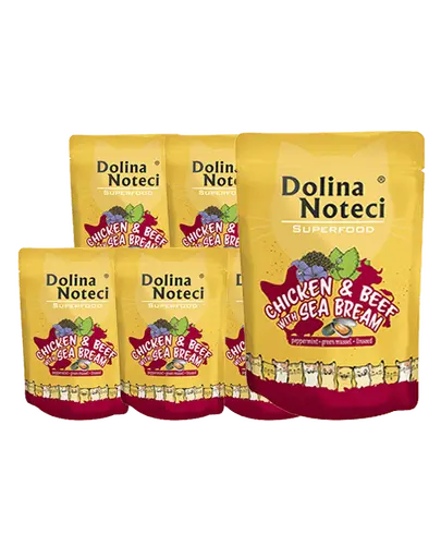 DOLINA NOTECI Superfood Hrana umeda pentru pisici adulte, cu pui, vita si dorada 10x85 g