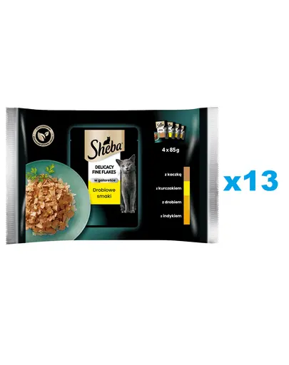 SHEBA Delicacy Fine Flakes 52x85 g hrana umeda completa pentru pisici adulte bucati in gelatina: rata, pui, pasare, curcan