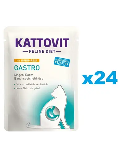 KATTOVIT Feline Diet Gastro hrana umeda dietetica pentru pisici cu afectiuni gastrointestinale, pui si orez 24 x 85 g