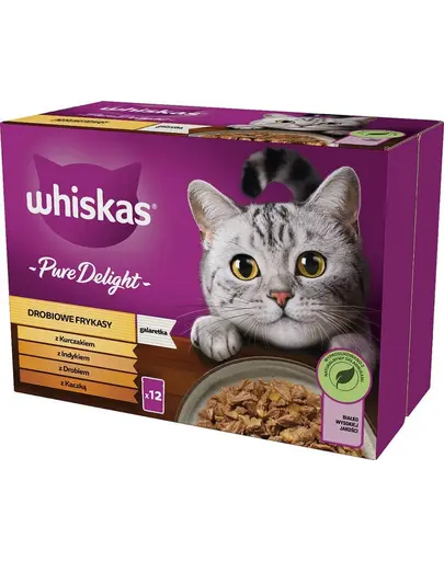 WHISKAS Pure Delight 12x85g Delicii din carne pasare cu pui, curcan, pasare, rata in jeleu