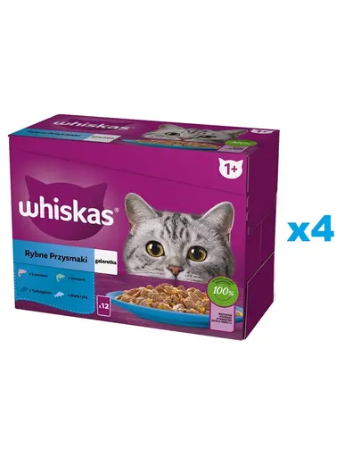 Plicuri WHISKAS Adult 48x85g in aspic peste alb, cod, somon, ton
