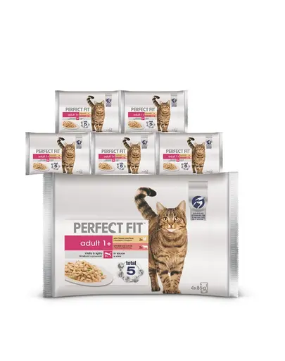 Plicuri pisici PERFECT FIT Adult 24x85g hrana umeda pentru pisici in sos (pui si mazare, vita si morcovi)