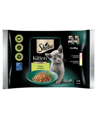 SHEBA Kitten arome in sos 4x85g hrana umeda cu somon si pui pentru pisoiasi