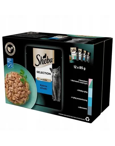 SHEBA Selection plicuri hrana pisica 48x85 g somon si cod, peste alb, peste oceanic, cod in sos