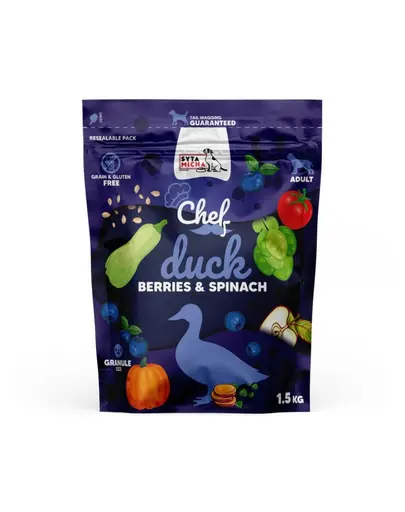 SYTA MICHA Chef Hrana uscata pentru caini cu rata, fructe de padure si spanac 1,5 kg