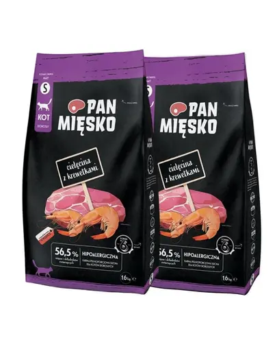 PAN MIESKO Sac hrana pisici, cu vitel si creveti S 2x1,6 kg