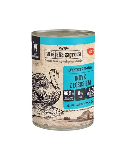 WIEJSKA ZAGRODA Conserva hrana cu somon si curcan, pentru pisici adulte 400 g