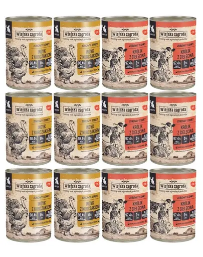 WIEJSKA ZAGRODA Mix de arome pentru pisoi Iepure cu vitel si Curcan cu pui 12x400 g