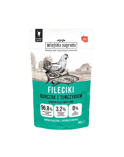 WIEJSKA ZAGRODA Fileuri – Mix de arome pentru pisici: Pui cu ton, Pui cu miel, Curcan si Pui, hrana umeda pentru pisici, 12x85 g