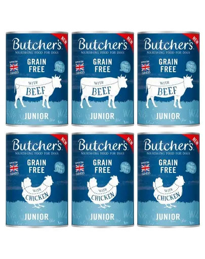 BUTCHER'S Original Junior Mix arome pentru catei 6x400g bucati vita si pui in aspic