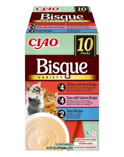 INABA Cat Ciao Bisque Variety 10x40g mix de supe crema cu ton, vita si pui pentru pisici