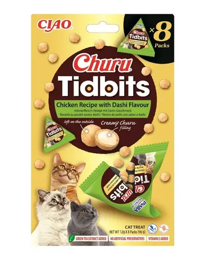 INABA Cat Churu Tidbits Reteta cu Pui si Aroma Dashi 8×12 g gustari moi si cremoase cu pui si bulion Dashi pentru pisici