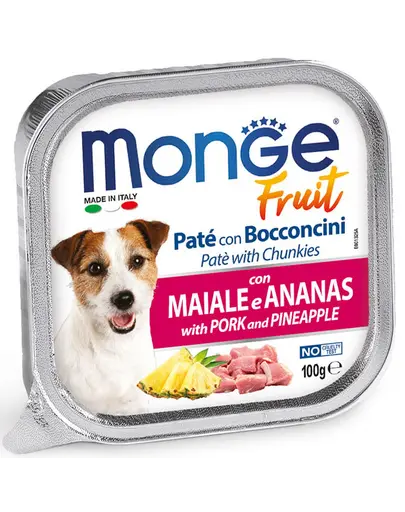MONGE Fruit Dog hrana umeda pentru caini sub forma de pate, cu porc si ananas 100 g