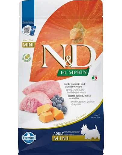FARMINA N&amp;D Hrana uscata pentru caini adulti de talie mica, cu dovleac, miel si afine, 2,5 kg