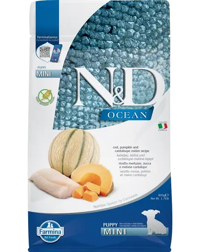 FARMINA N&D Ocean Hrana uscata pentru catei de talie mica, cu cod, dovleac si pepene galben 800 g