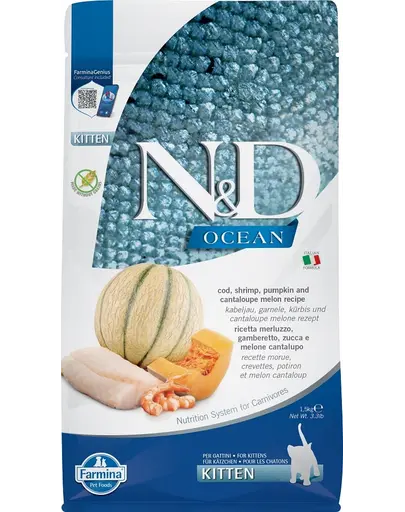 FARMINA N&D Ocean Hrana uscata pentru pisoi, pisici gestante si care alapteaza, cu cod, creveti, dovleac si pepene galben - 1,5 kg