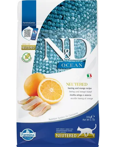 FARMINA N&D Ocean Hrana uscata pisici adulte sterilizate, cu hering si portocala - 300 g