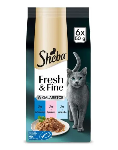 SHEBA Fresh & Fine in jelly Hrana umeda completa pentru pisici adulte cu ton, somon si peste alb 6×50 g