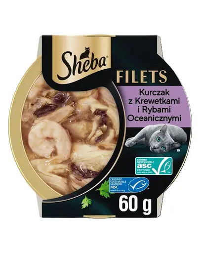 SHEBA Filets pui, peste oceanic si creveti in sos 60 g hrana pisici