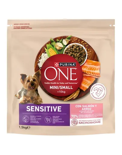 PURINA ONE Mini/Small Sensitive cu somon si orez 1,5 kg hrana caini mici cu digestie sensibila