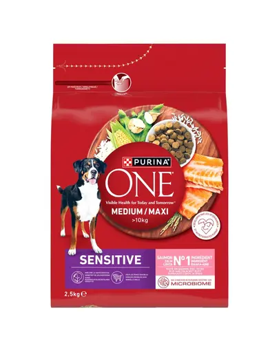 PURINA ONE Medium/Maxi Adult Sensitive cu somon si orez 2,5 kg hrana caini medii si mari cu digestie sensibila