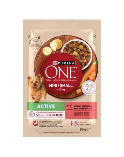 PURINA ONE Mini/Small Active vita si cartofi in sos, hrana caini mici activi 85 g