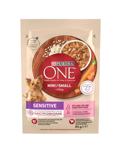 PURINA ONE Mini/Small Sensitive cu somon, orez si morcov in sos 85 g hrana umeda pentru caini mici cu digestie sensibila