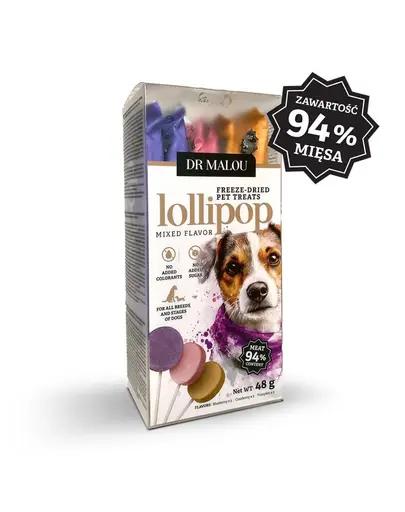 DR MALOU Lollipop acadele liofilizate din carne pentru caini arome mixte 48 g (6 bucati)