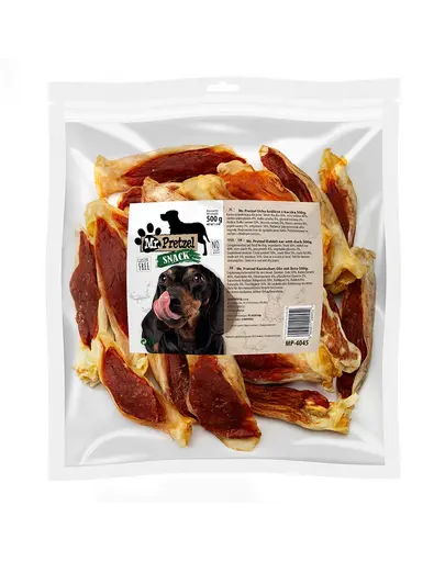Recompense caini ureche de iepure cu rata pentru ros MR. PRETZEL 500g